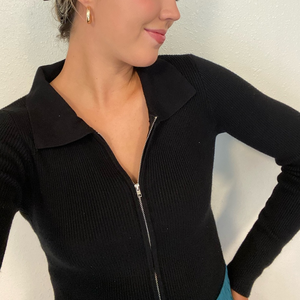 Black Front Zip Collared Long-Sleeve Top - Picture 2 of 8